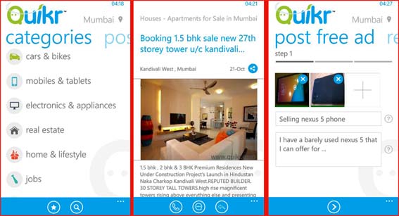 Online classifieds app, Quikr, now on WindowsPhone