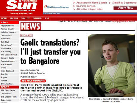 Great Scot! Gaelic translation work is outsourced to Bangalore!