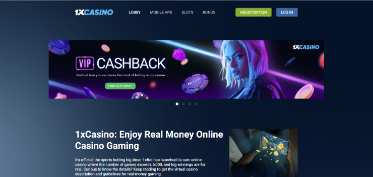 1xCasino - homepage screenshot on desktop