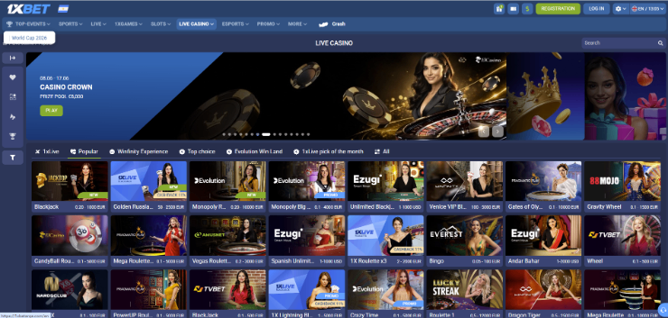 1xBet casino - homepage screenshot on desktop