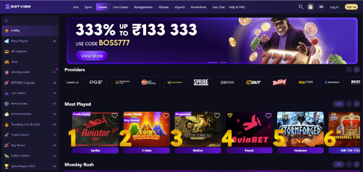 Betvibe casino - homepage screenshot on desktop